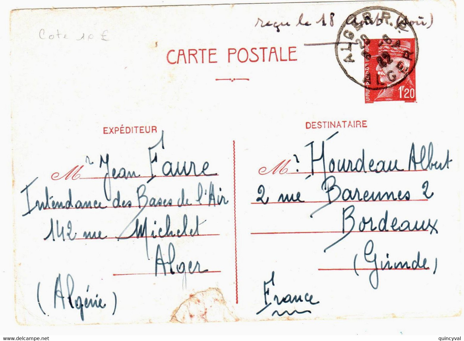 ALGER RP Carte Postale Entier 1,20 F Pétain Yv 515 Ob 1942 Verso Texte Correspondance Familiale  Déchirure En Bas - Cartes Postales Types Et TSC (avant 1995)