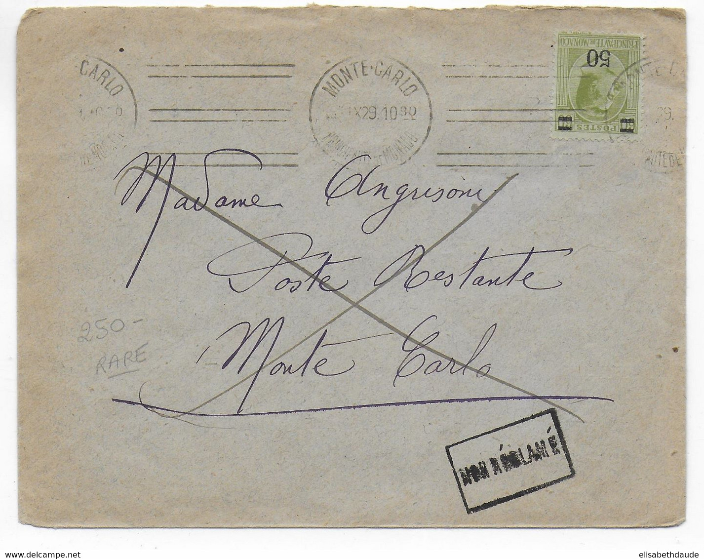 1929 - MONACO - ENVELOPPE Avec MECA De MONTE-CARLO => POSTE RESTANTE - NON RECLAME - Poststempel