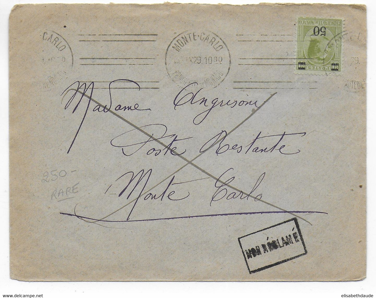 1929 - MONACO - ENVELOPPE Avec MECA De MONTE-CARLO => POSTE RESTANTE - NON RECLAME - Postmarks
