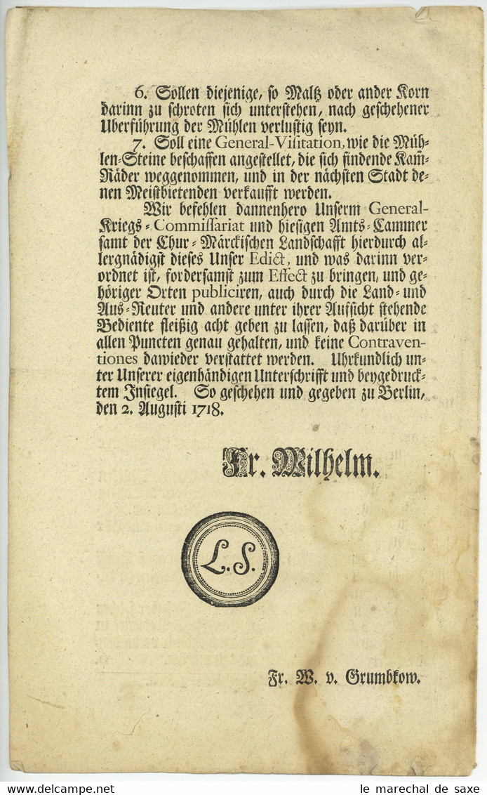 Kurmark Brandenburg Berlin 1718 König Friedrich Wilhelm Dekret Handmühlen Mühlenwesen - Décrets & Lois