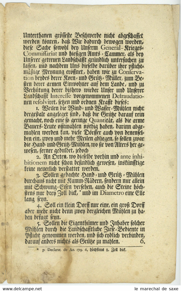 Kurmark Brandenburg Berlin 1718 König Friedrich Wilhelm Dekret Handmühlen Mühlenwesen - Décrets & Lois