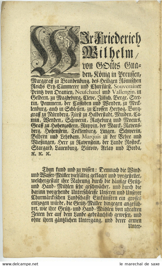 Kurmark Brandenburg Berlin 1718 König Friedrich Wilhelm Dekret Handmühlen Mühlenwesen - Decreti & Leggi