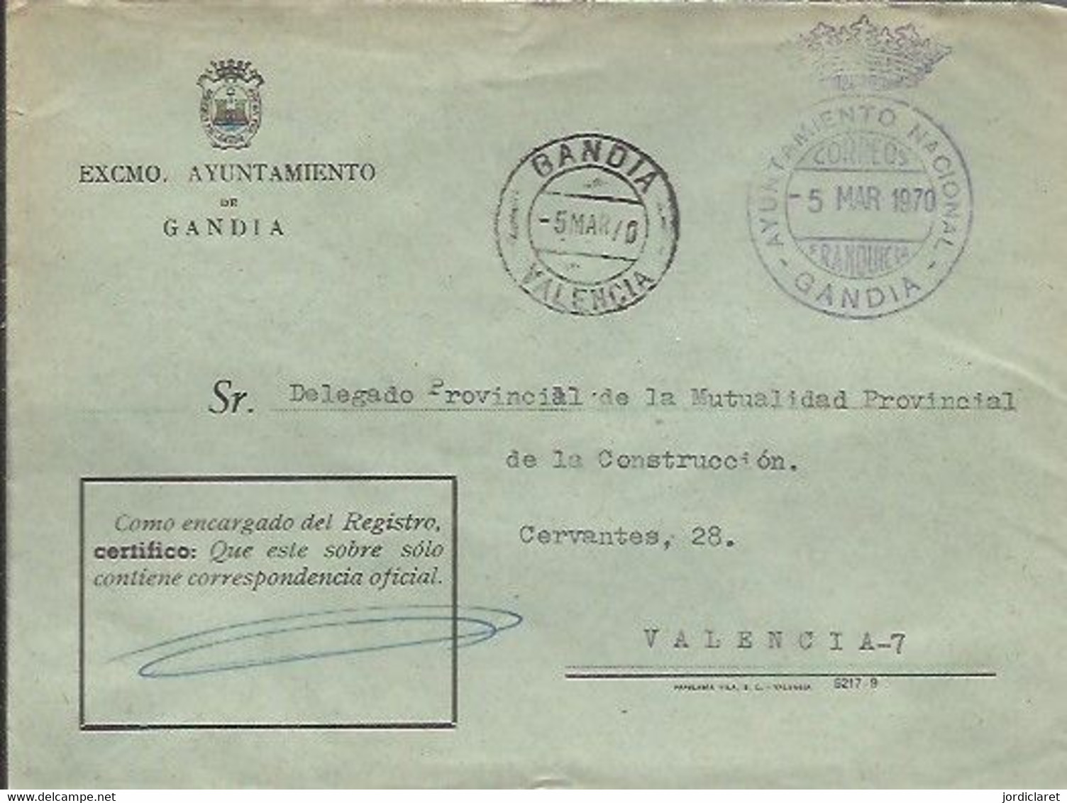 CARTA 1970 GANDIA - Franquicia Postal