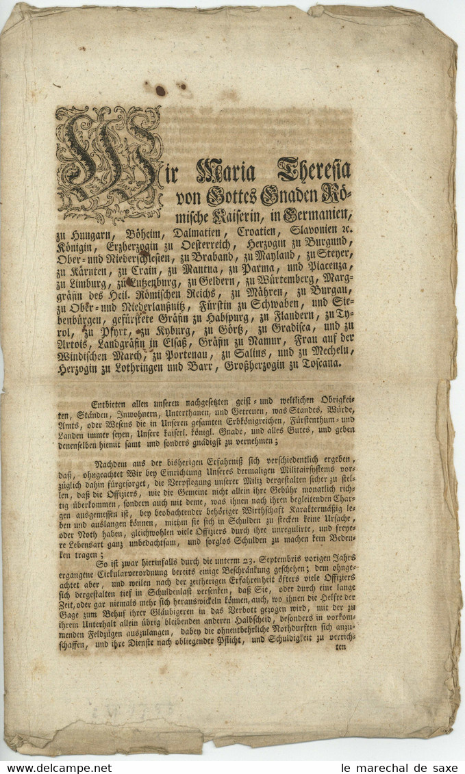 Maria Theresia 1753 Patent Gegen Verschuldung Offiziere Armee Militär - Decretos & Leyes