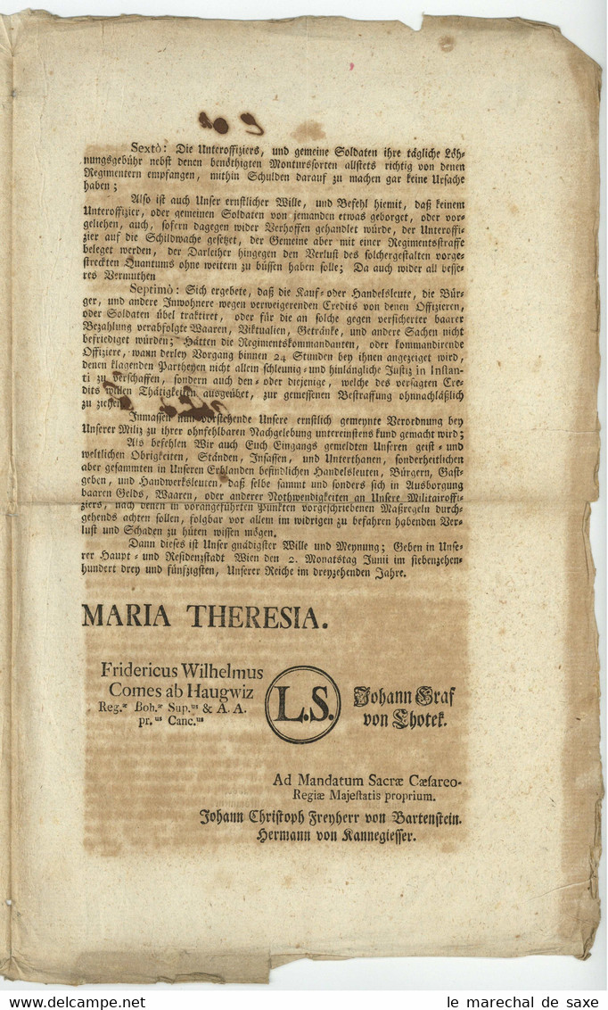 Maria Theresia 1753 Patent Gegen Verschuldung Offiziere Armee Militär - Gesetze & Erlasse