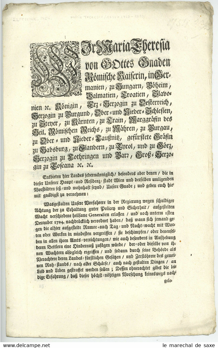 Maria Theresia 1754 Polizeipatent Wien Freiherr Von Haugwitz Mannagetta Sehr Interessant - Decrees & Laws