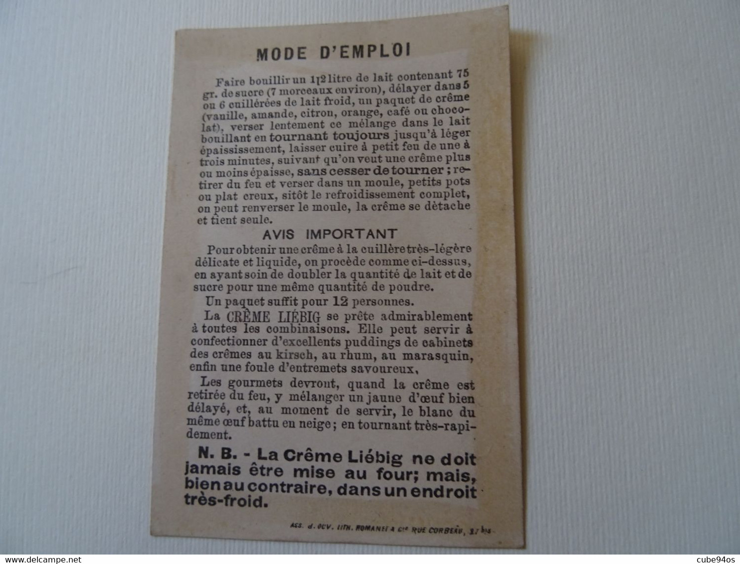 RARE CHROMO LIEBIG 1878--RECETTE AU DOS. RECETTE DE DESSERT. - Liebig