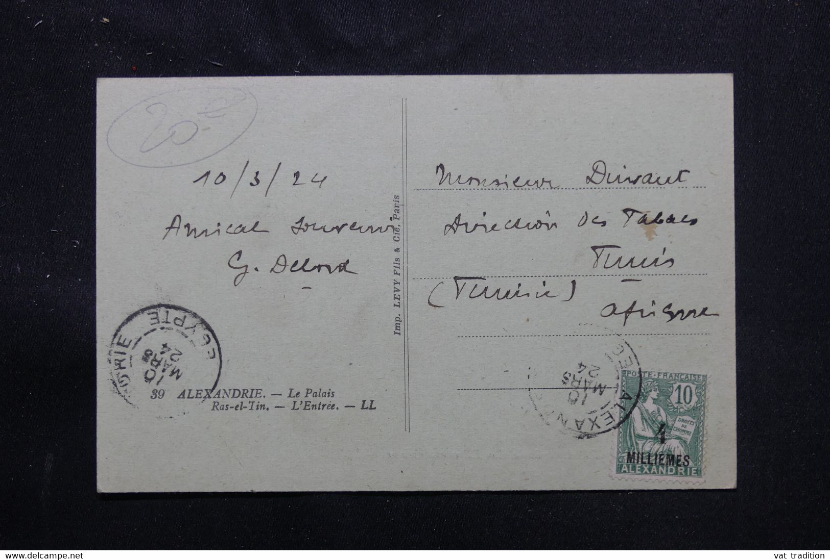 ALEXANDRIE - Affranchissement Mouchon Surchargé Sur Carte Postale En 1924 Pour Tunis - L 75477 - Brieven En Documenten