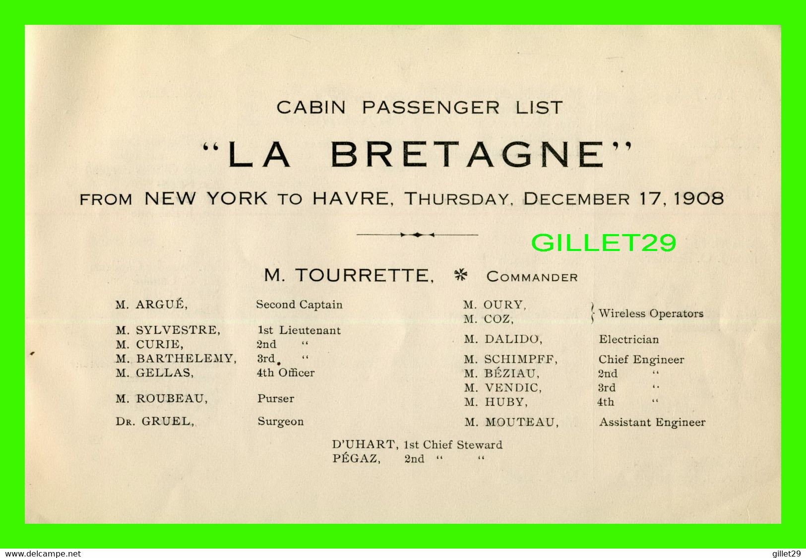 PUBLICITÉ - COMPAGNIE GÉNÉRALE TRANSATLANTIQUE - LISTE DES PASSAGERS DE CABINE, PAQUEBOT " LA BRETAGNE " 1908 - - Advertising