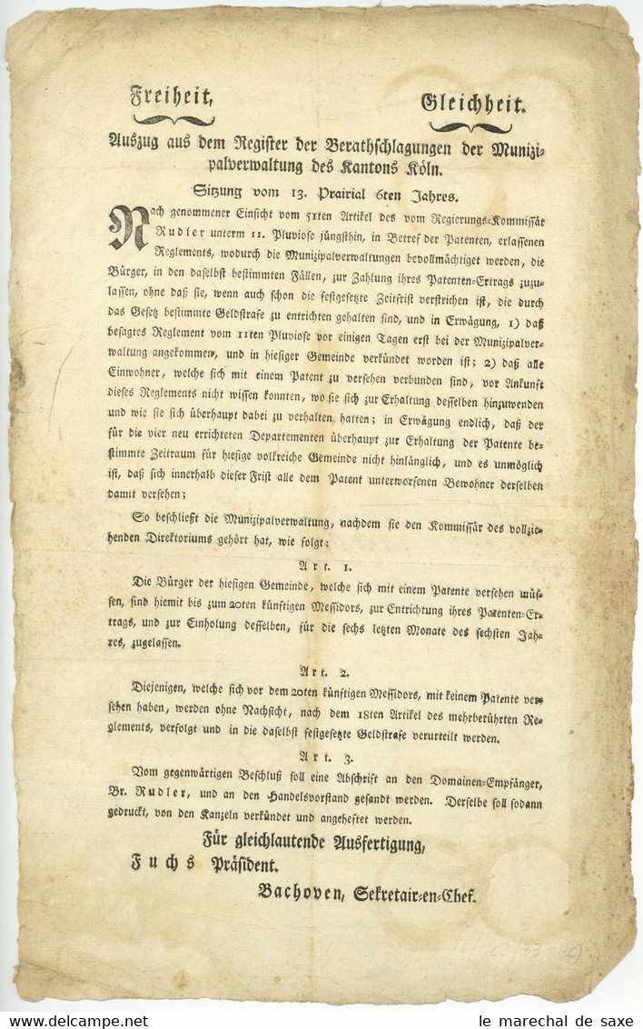 Revolution Rheinland Rudler 1798 Johann Baptist Fuchs Präsident KÖLN Cologne - Gesetze & Erlasse