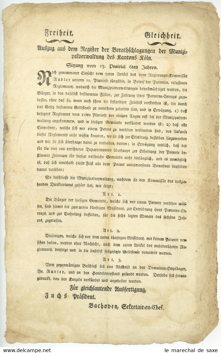 Revolution Rheinland Rudler 1798 Johann Baptist Fuchs Präsident KÖLN Cologne - Décrets & Lois