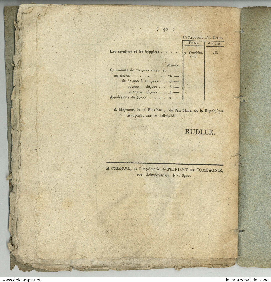 Revolution Rheinland MAINZ KÖLN 1798 Rudler Reglement Concernant Les Droits De Patentes - Gesetze & Erlasse