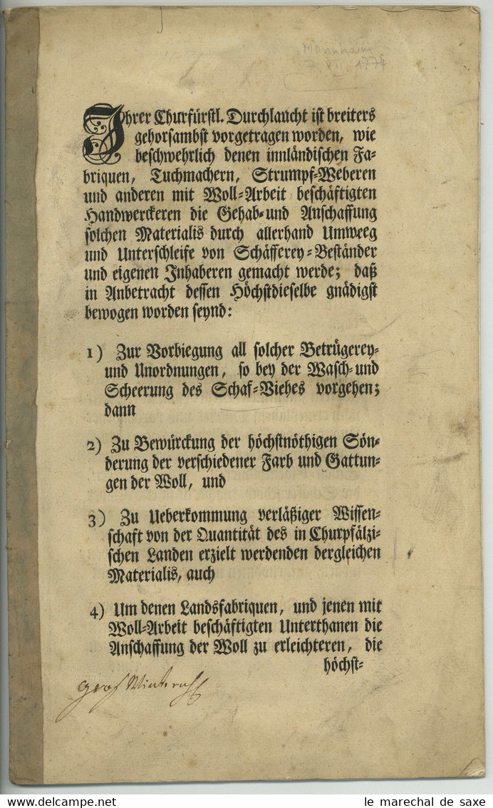 Druckschrift Kurfürst Carl Theodor Pfalz Mannheim U. Schwetzingen 1774 Schafzucht Schur Wolle Waschen - Wetten & Decreten