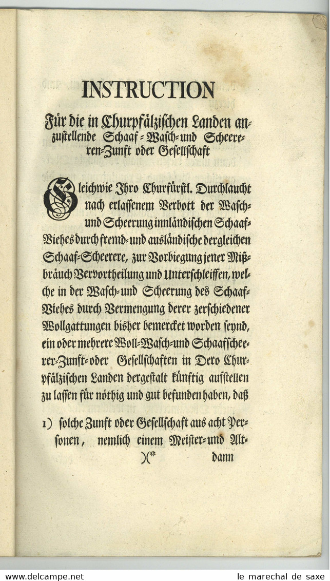 Druckschrift Kurfürst Carl Theodor Pfalz Mannheim U. Schwetzingen 1774 Schafzucht Schur Wolle Waschen - Gesetze & Erlasse