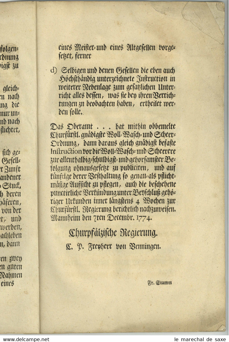 Druckschrift Kurfürst Carl Theodor Pfalz Mannheim U. Schwetzingen 1774 Schafzucht Schur Wolle Waschen - Gesetze & Erlasse