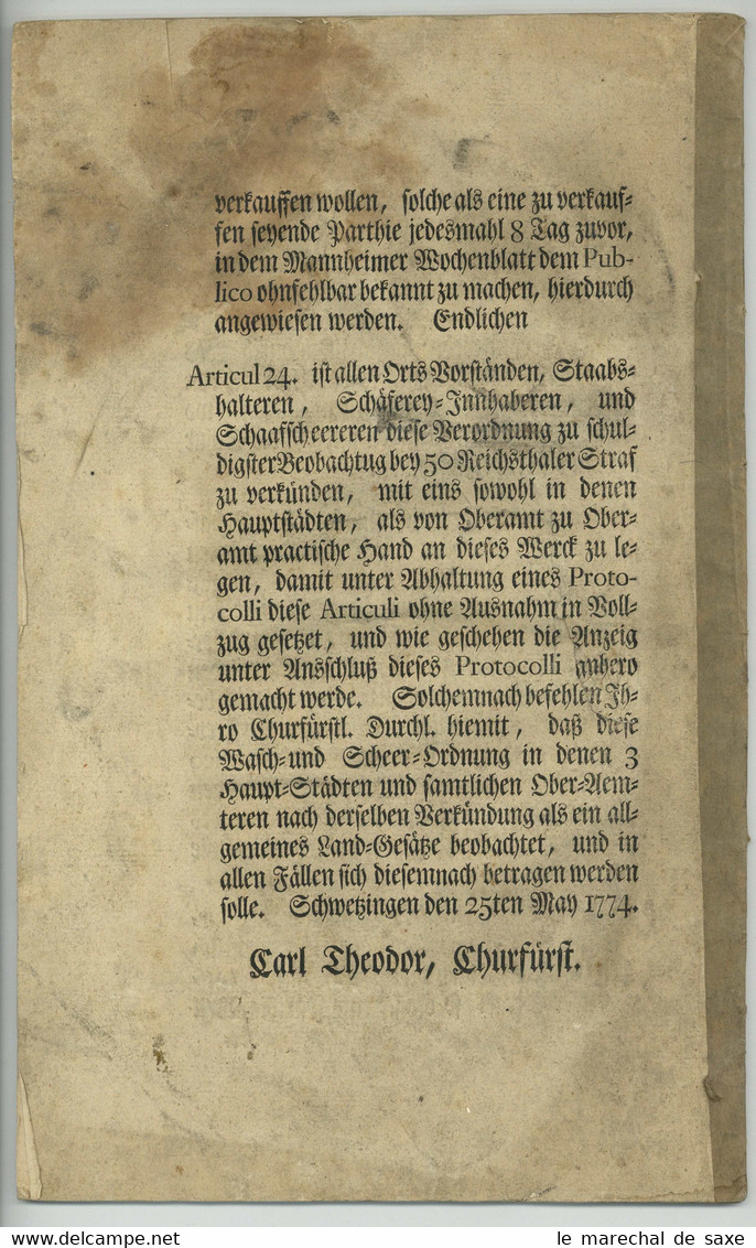 Druckschrift Kurfürst Carl Theodor Pfalz Mannheim U. Schwetzingen 1774 Schafzucht Schur Wolle Waschen - Wetten & Decreten