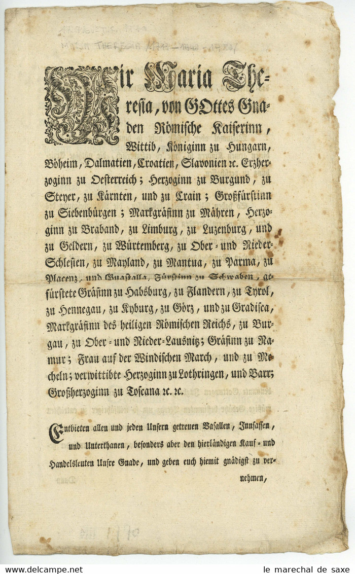 Maria Theresia Kaiserin Wien 1770 Zollordnung Pfeffer Und Ingwer Österreich - Wetten & Decreten