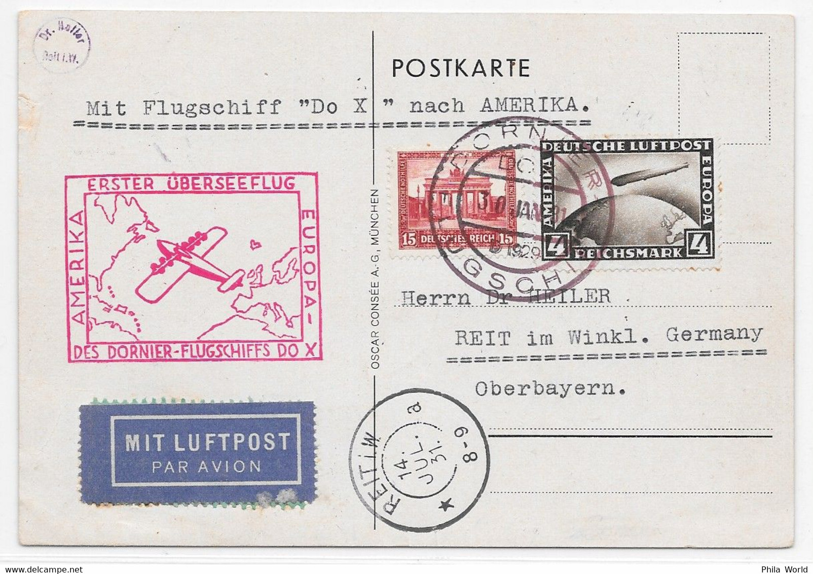 AK LUFTPOST SUDDEUTSCHE LUFTHANSA - GERMANY 1931 - Airmail First Flight DORNIER DO-X Flugschiff > SOUTH AMERICA - Flugzeuge