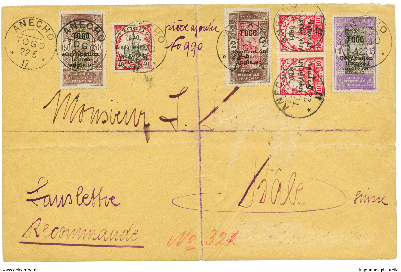 TOGO : 1917 10pf (n°34)x2 + 40pf (n°38) + N°84+ N°85+ N°96 Obl. Cachet Allemand ANECHO TOGO Sur Enveloppe RECOMMANDEE Po - Altri & Non Classificati