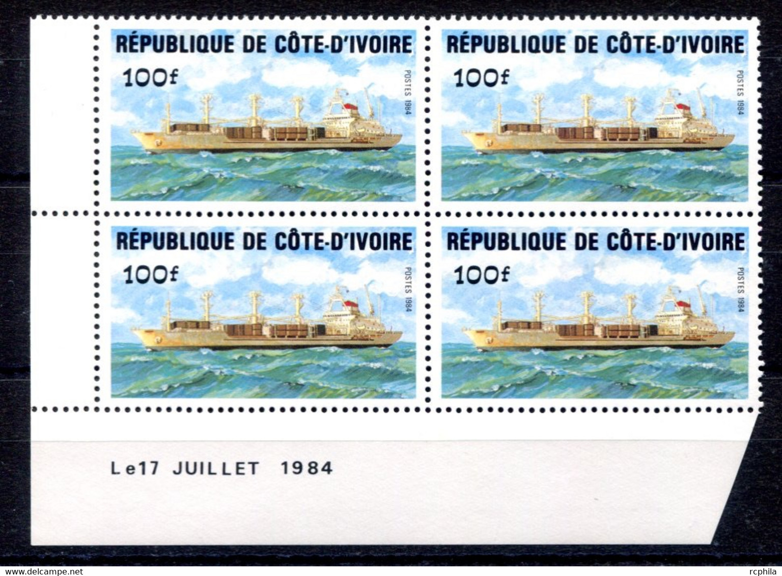 RC 18940 COTE D'IVOIRE N° 691 BATEAU PORTE CONTENEURS BLOC DE 4 COIN DATÉ NEUF ** TB - Côte D'Ivoire (1960-...)