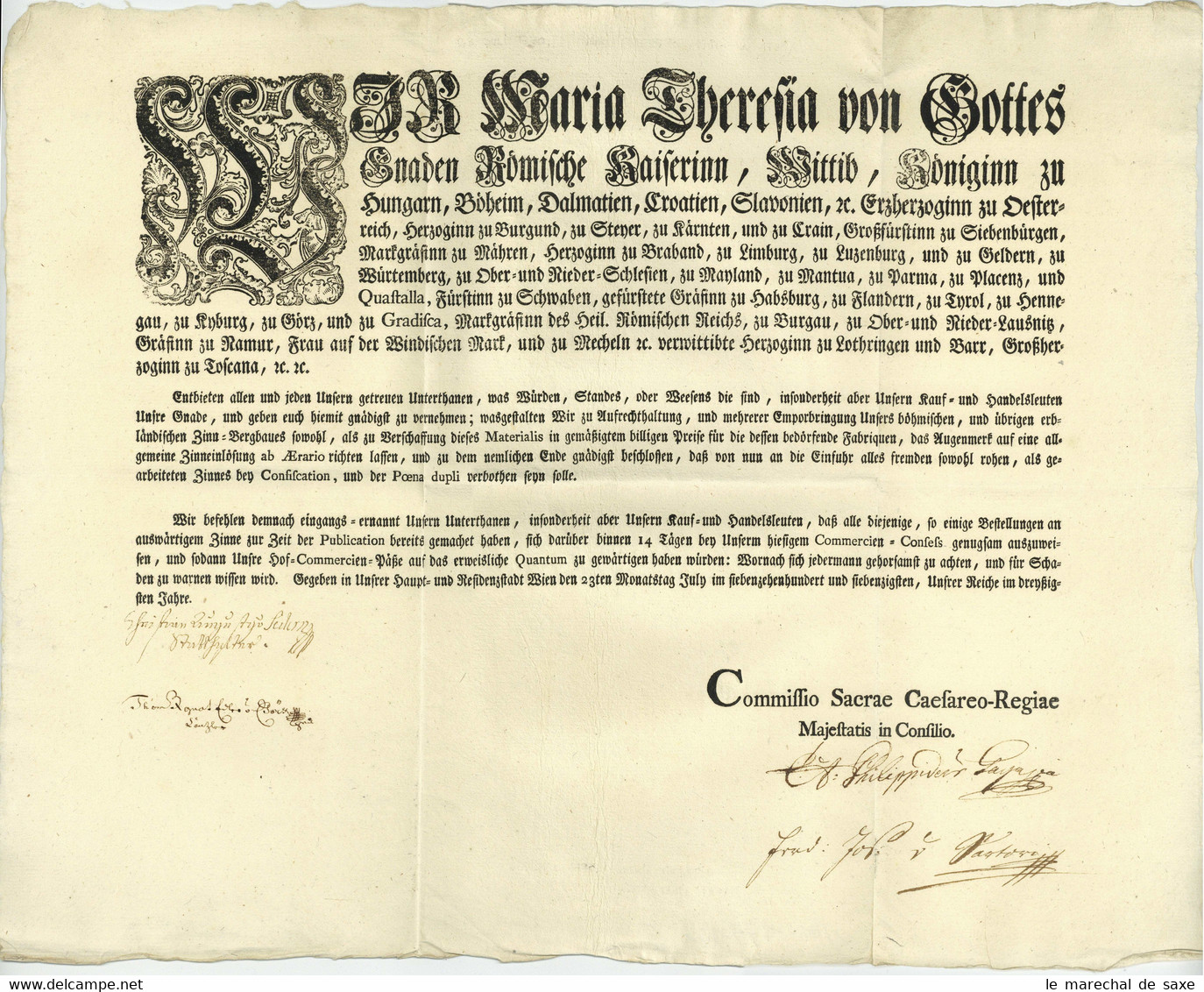 Maria Theresia 1770 Wien Zinnbergbau Zollpatent Graf Von Seilern Sartori Boeck - Décrets & Lois
