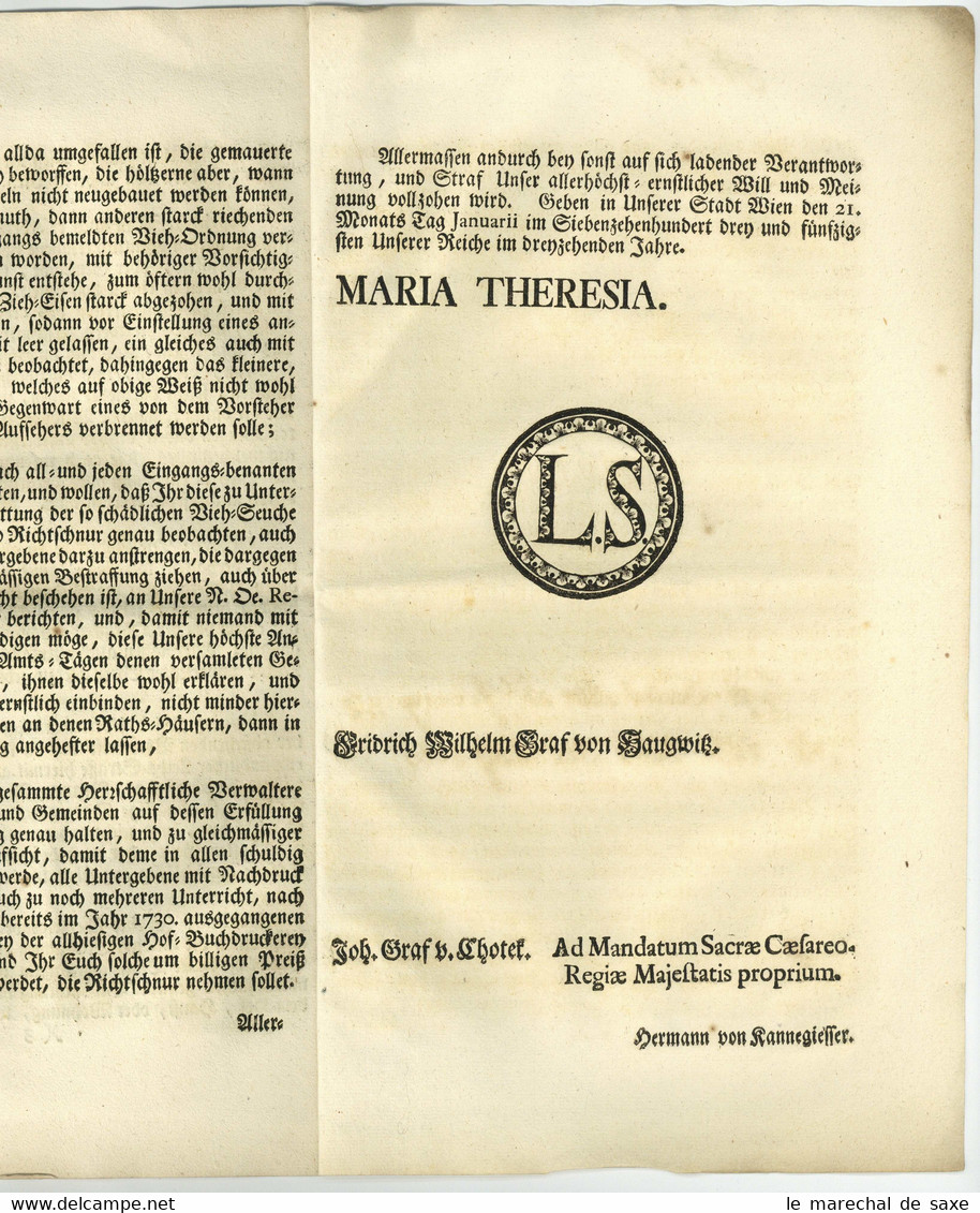 Maria Theresia Österreich Wien 1753 Viehseuchenordnung Hofdekret - Décrets & Lois