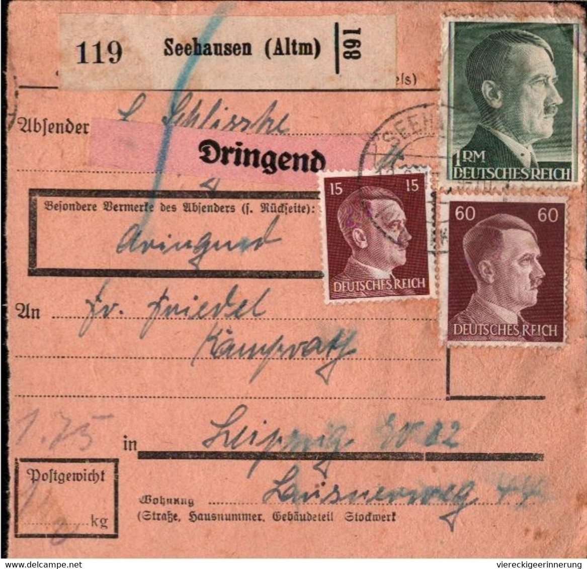 ! 1943 Seehausen, Altmark Nach Leipzig, Paketkarte, Deutsches Reich, 3. Reich - Covers & Documents
