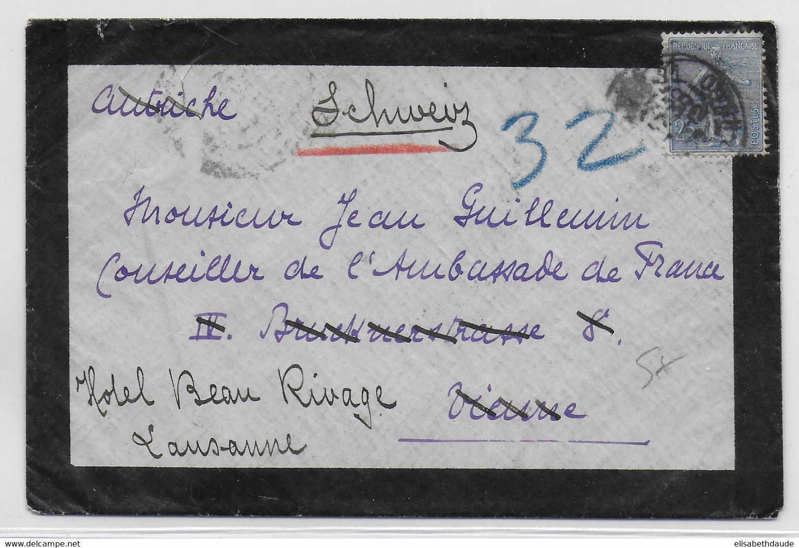 1906 - SEMEUSE SEUL Sur LETTRE De PARIS => WIEN (AUTRICHE) Puis READRESSEE => LAUSANNE (SUISSE) ! - 1903-60 Sower - Ligned