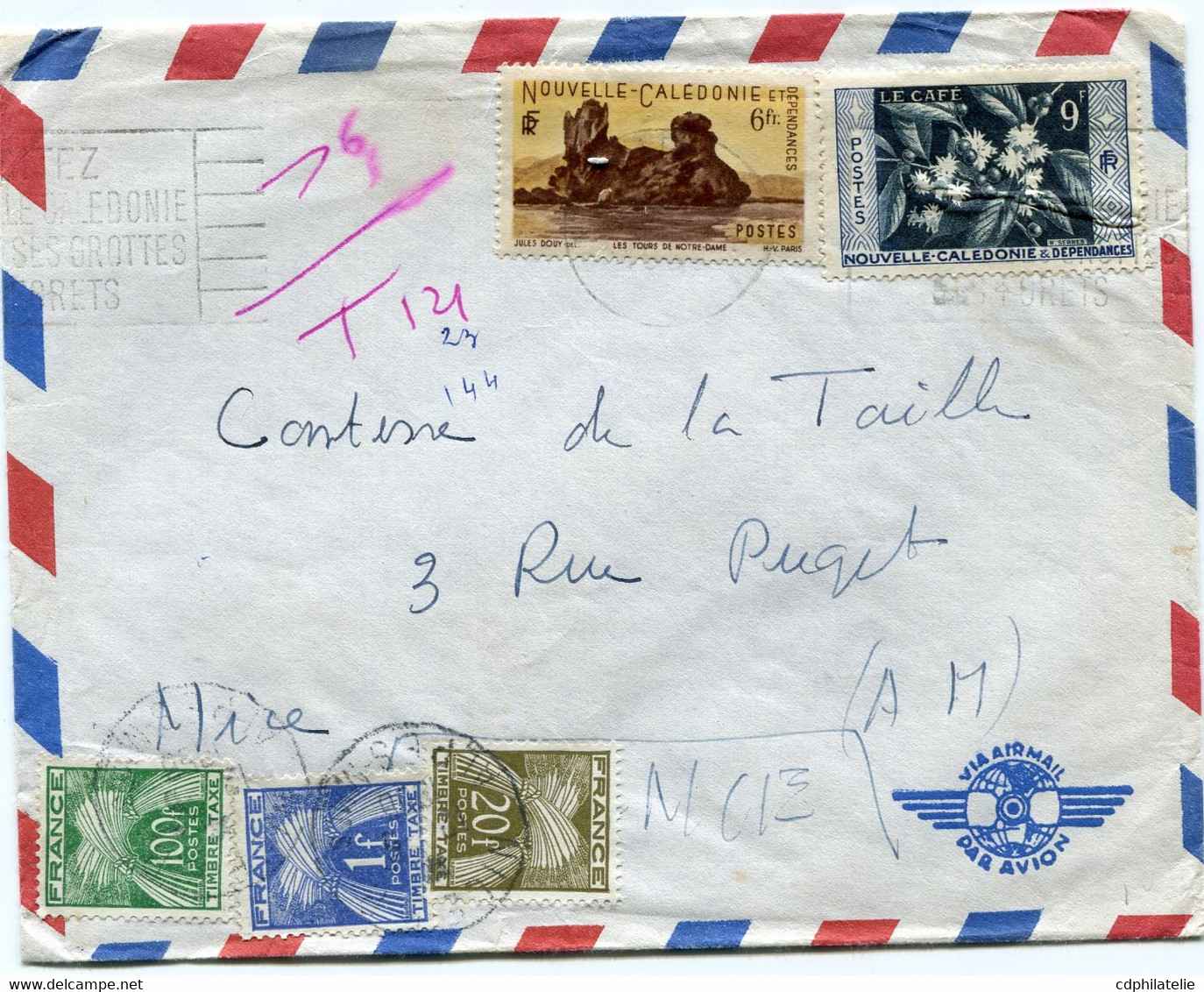 NOUVELLE-CALEDONIE LETTRE PAR AVION DEPART NOUMEA ?-?-? TAXEE A L'ARRIVEE EN FRANCE A NICE - Cartas & Documentos