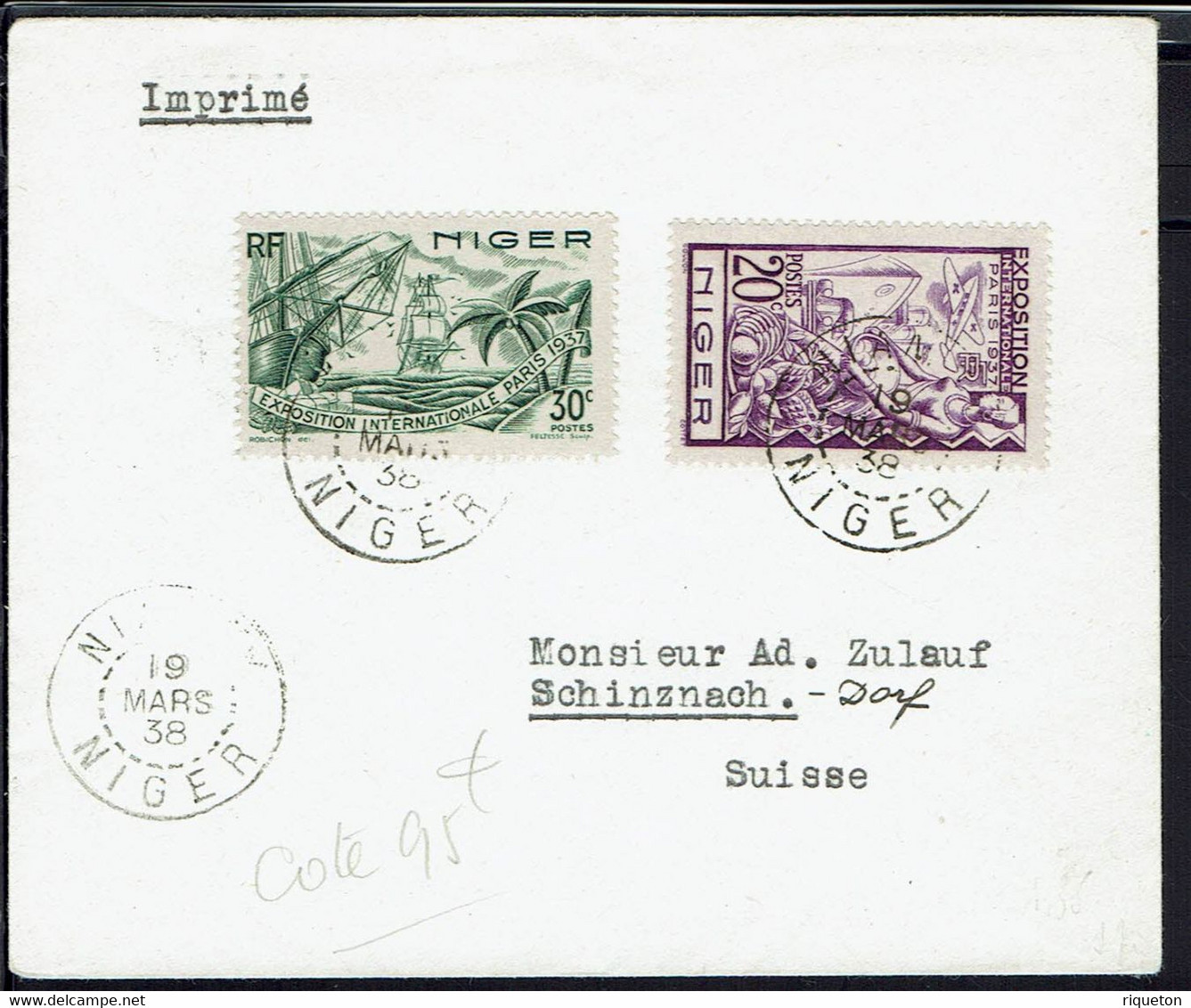 Niger - N° 57/58 Sur Enveloppe "Imprimé" De Niamey 19 Mars 38 Pour Schinznach (Suisse) Cachet D'arrivée 8-IV-38 - B/TB - - Storia Postale