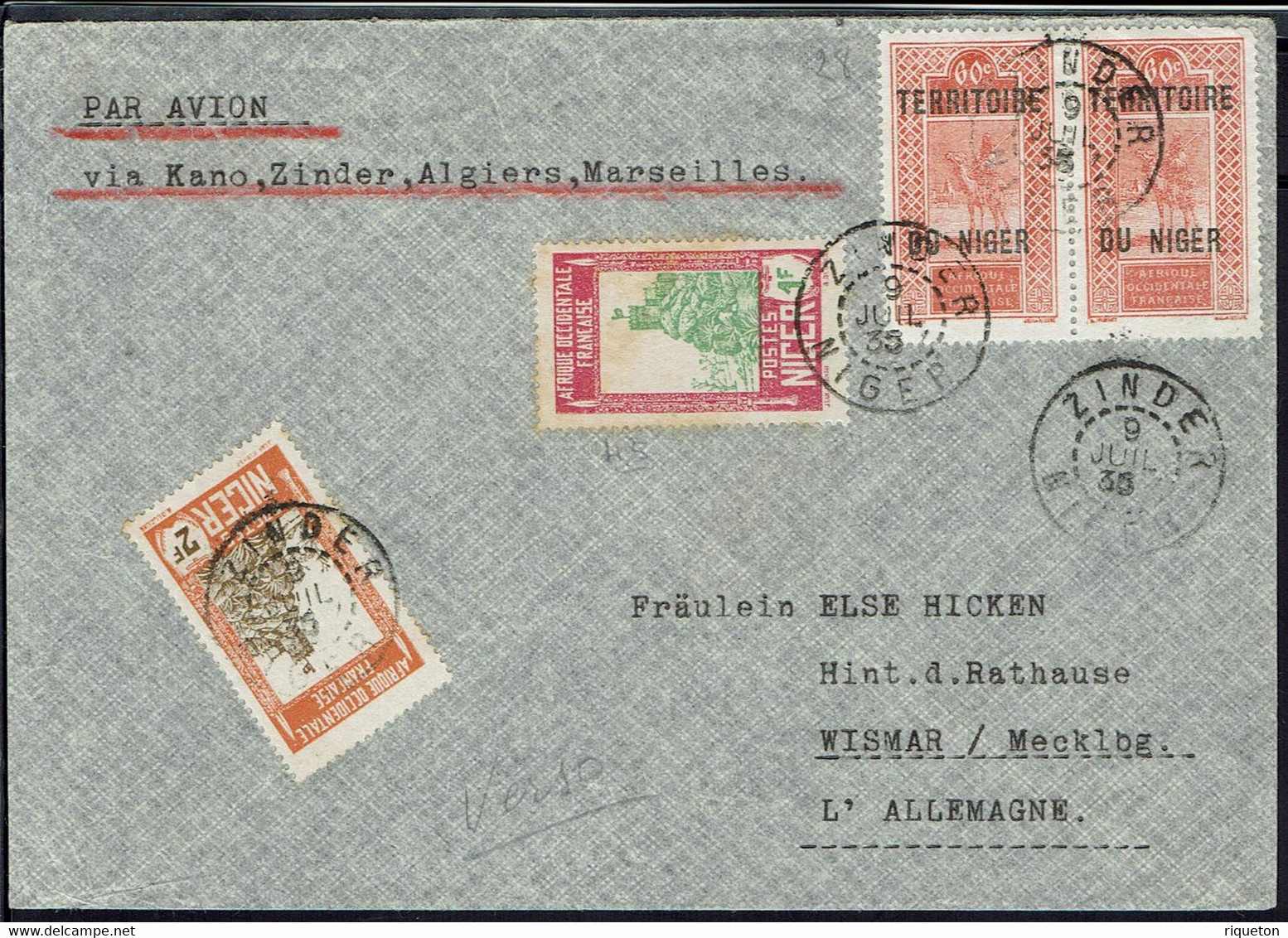 Niger - 1935 - Bel Affranchissement Sur Enveloppe De Lagos, Via Kano, Alger, Marseille, Paris Pour Wismar (All) B/TB - - Covers & Documents