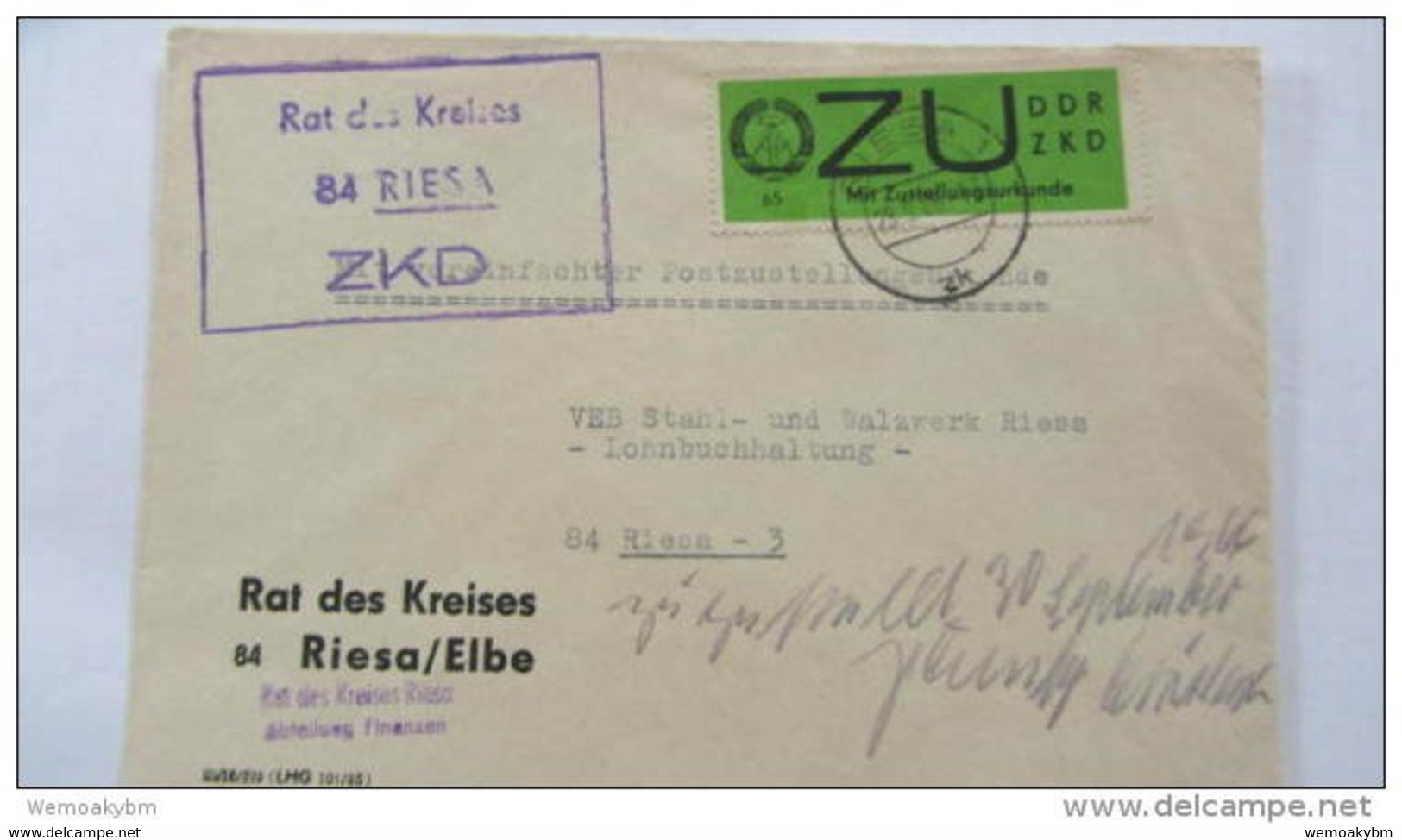 DDR Dienst/ZKD Orts-Brief Mit ZU-Streifen 65Pf U. KSt. "Rat Des Kreises 84 Riesa" Vom 29.9.66 Mit Zustellvermerk Knr:E2x - Central Mail Service