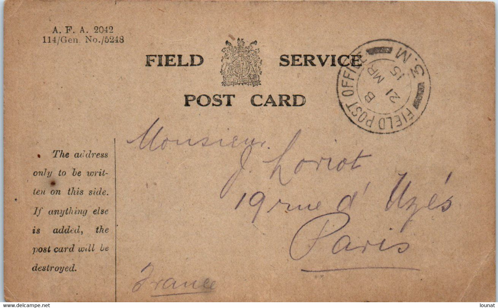 Militaire -114/ GEN N°5248- Field Service - Field Post Office - 1915 - War 1914-18