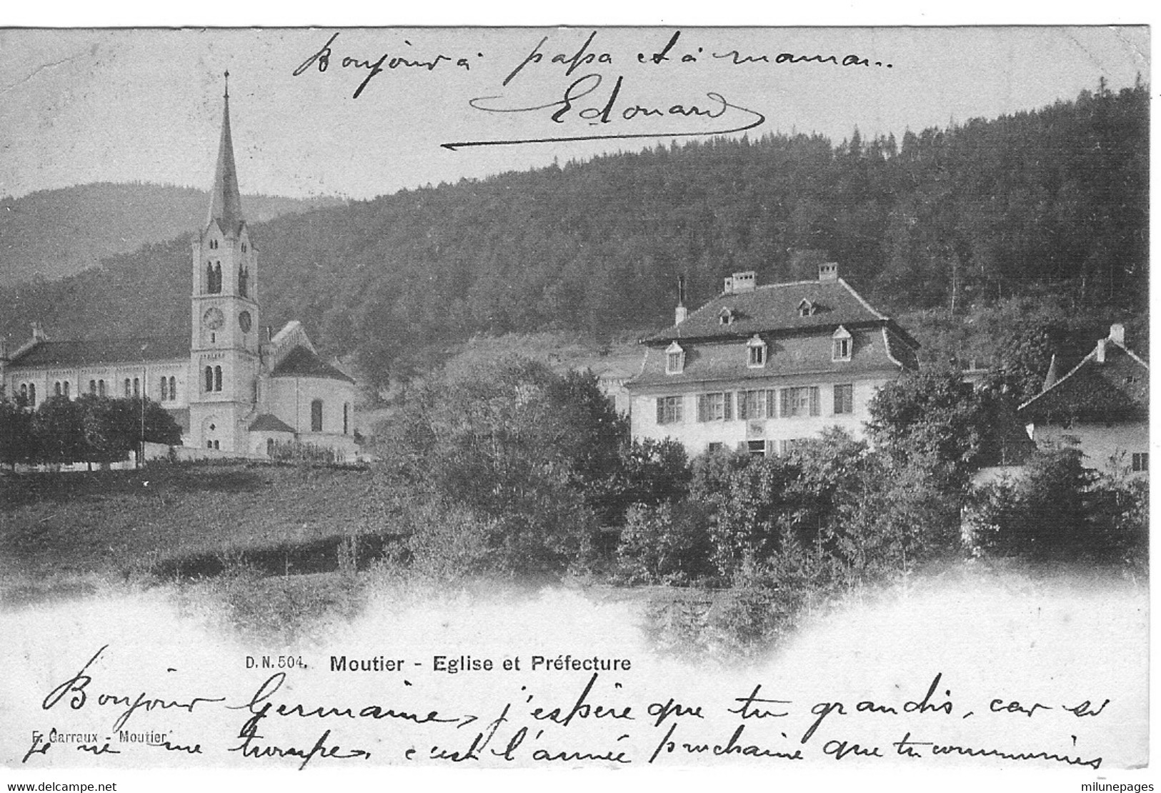 SUISSE BE Eglise Et Préfecture Du Village De MOUTIER Carte Précurseur 1903 - Moutier