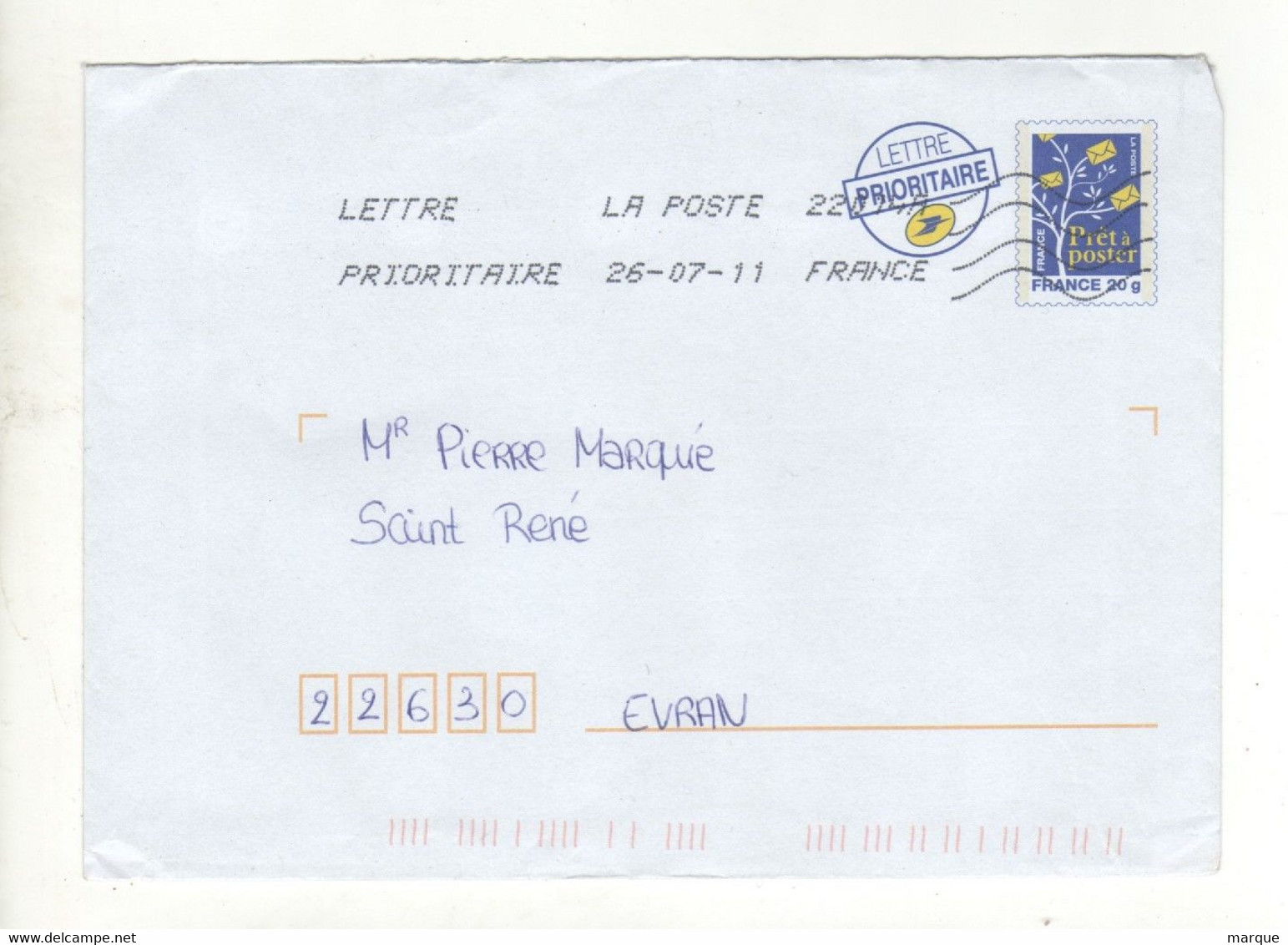 Enveloppe Prêt à Poster FRANCE 20g Oblitération LA POSTE 22014A 26/07/2011 - Prêts-à-poster: Repiquages /Logo Bleu