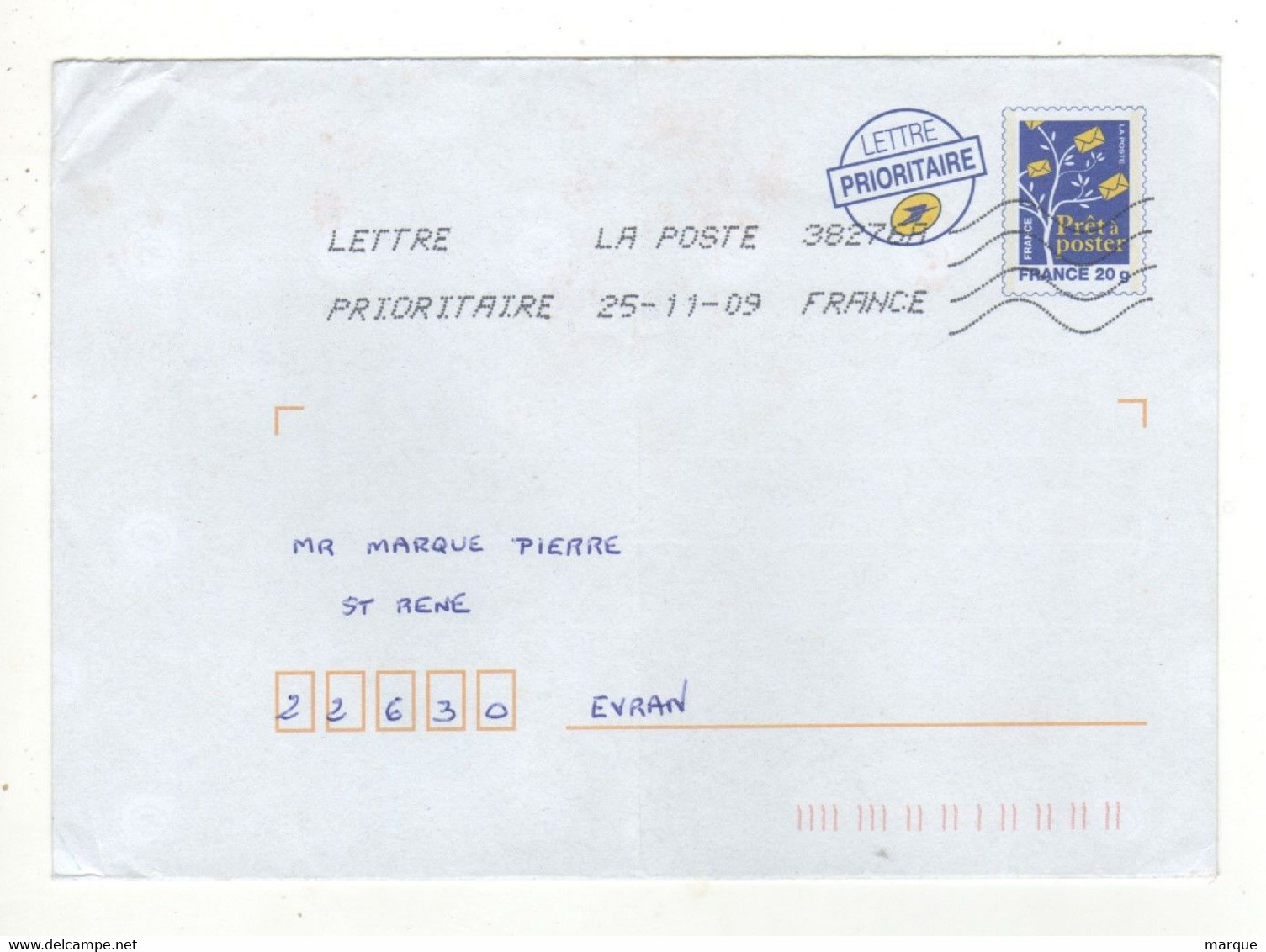 Enveloppe Prêt à Poster FRANCE 20g Oblitération LA POSTE 38276A 25/11/2009 - PAP: Ristampa/Logo Bleu