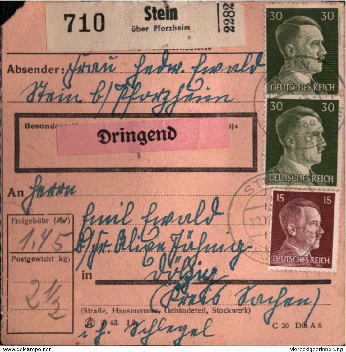 ! 1943 Stein über Pforzheim Nach Dölzig, Paketkarte, Deutsches Reich, 3. Reich - Lettres & Documents