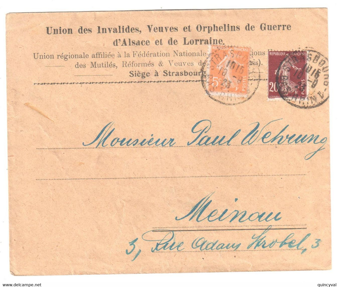 STRASBOURG 1 Bas Rhin Lettre Entête Union Invalides Orphelins Guerre Semeuse 20c Brun 5c Orange Yv 158 139 Ob 1923 - Brieven En Documenten