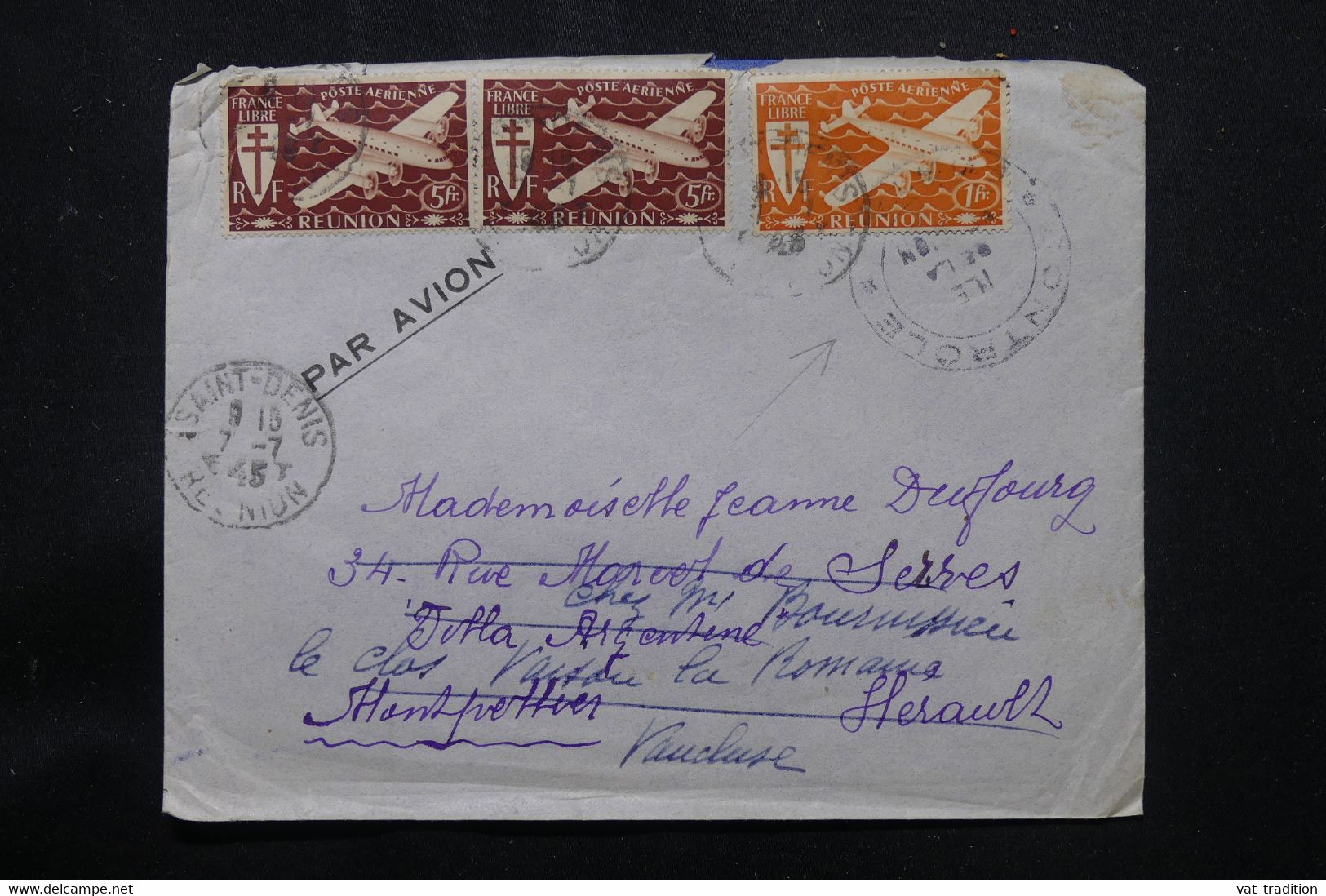 RÉUNION - Enveloppe De St Denis Pour La France En 1945 Avec Cachet De Contrôle Postal - L 75603 - Brieven En Documenten