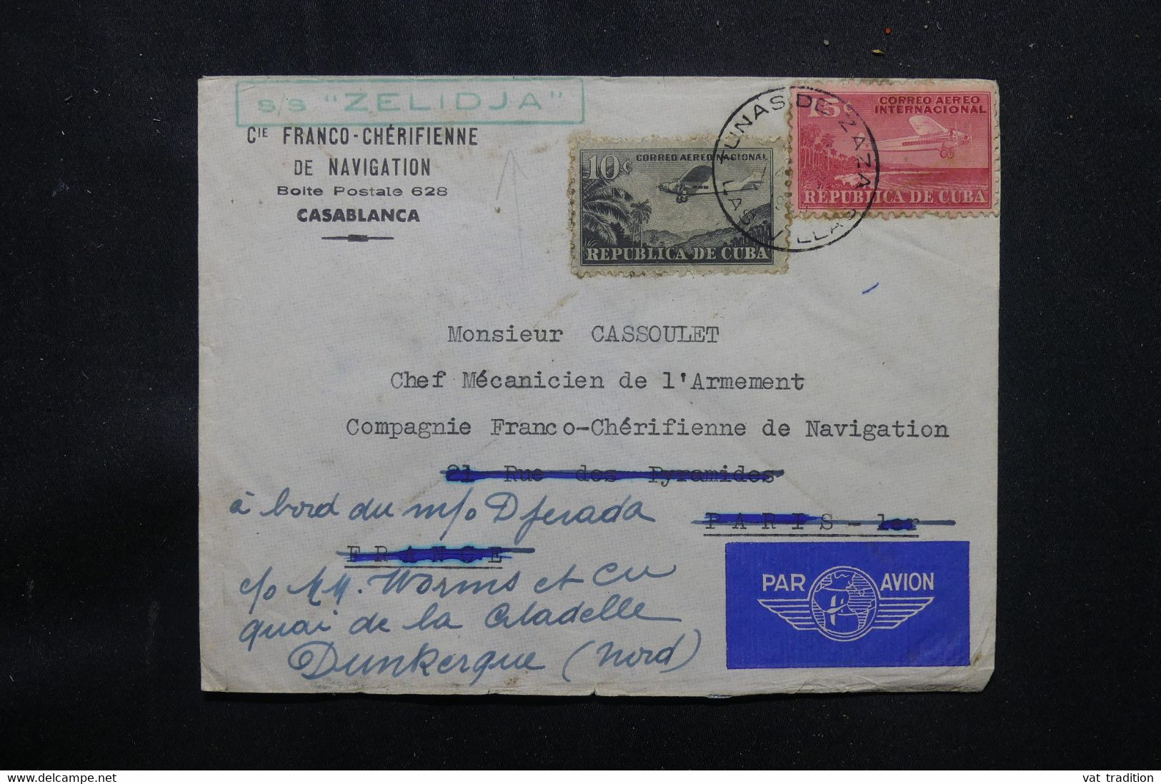 CUBA  - Enveloppe De Las Villas Pour Le Maroc Et Redirige Vers La France En 1950 Avec Cachet " S/S ZELIDJA " - L 75604 - Briefe U. Dokumente