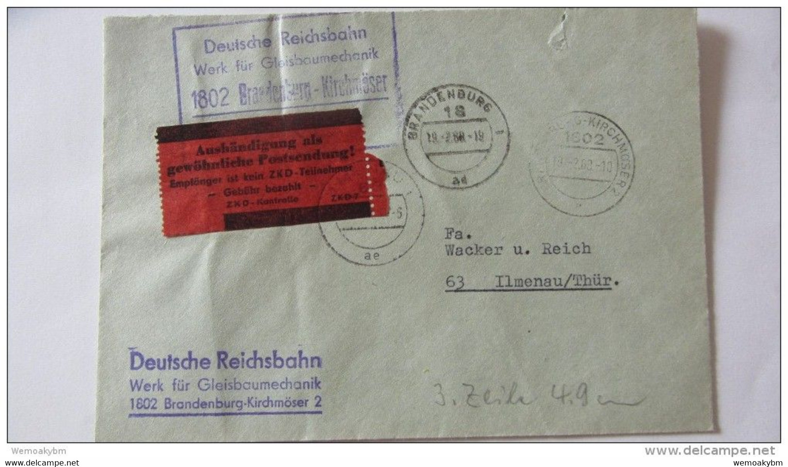 DDR Dienst/ZKD Fern-Brief Aus Brandenb.-Kirchmöser Kst.Deutsche Reichsbahn V.19.2.68 Mit Rotem Aufkleber Knr: AFS/ZKD 7 - Central Mail Service