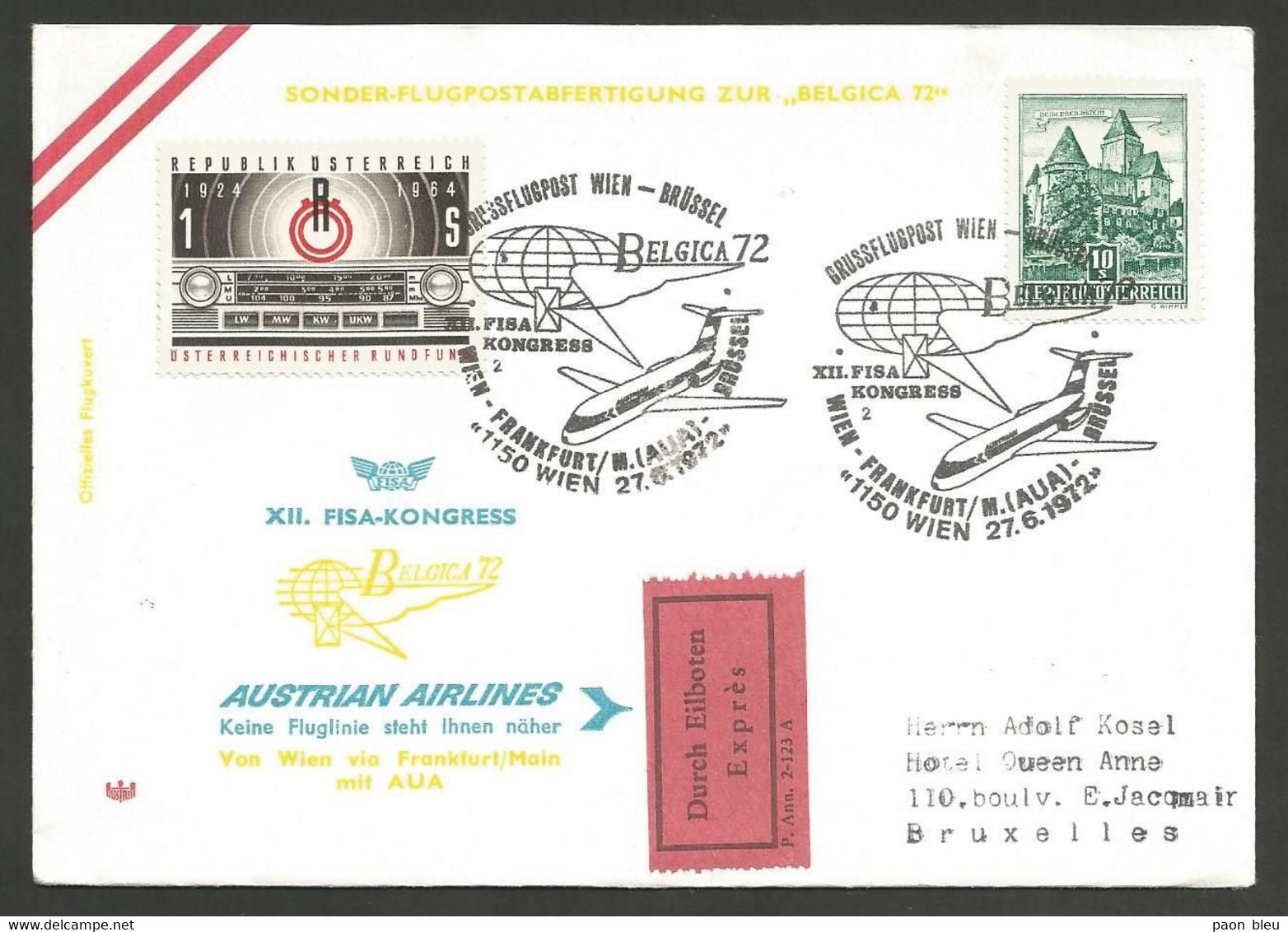 Aérophilatélie - Autiche - FISA-Kongress Belgica72 - Grussflugpost Wien-Brüssel - 27.6.1972 - 3 Lettres - Premiers Vols