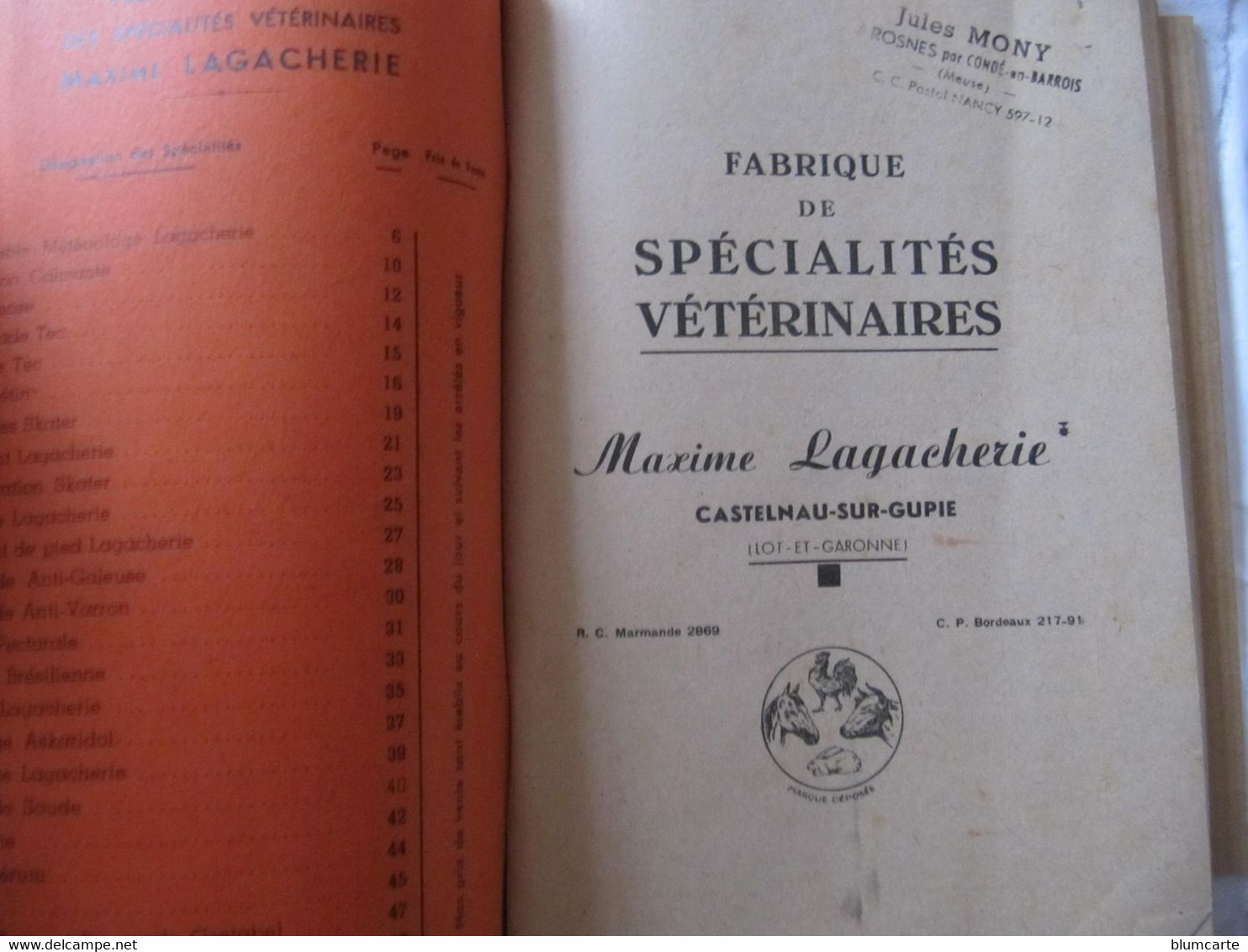 CATALOGUE  VETERINAIRE - MAXIME LAGACHERIE à CASTELNAU SUR GUPIE - EDITION 1953 - Animales