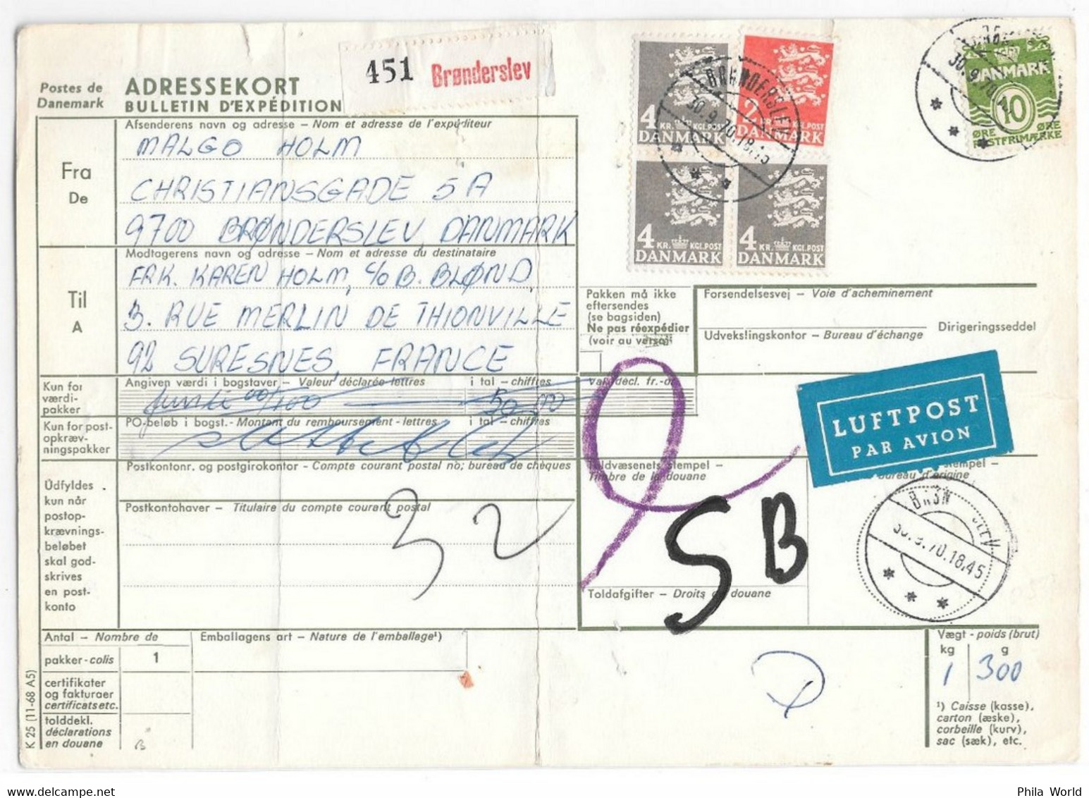 DANEMARK - Bulletin D'expédition COLIS POSTAL ADRESSEKORT - De Bronderslev 1970 - DANMARK DENMARK LUFTPOST - Paquetes Postales