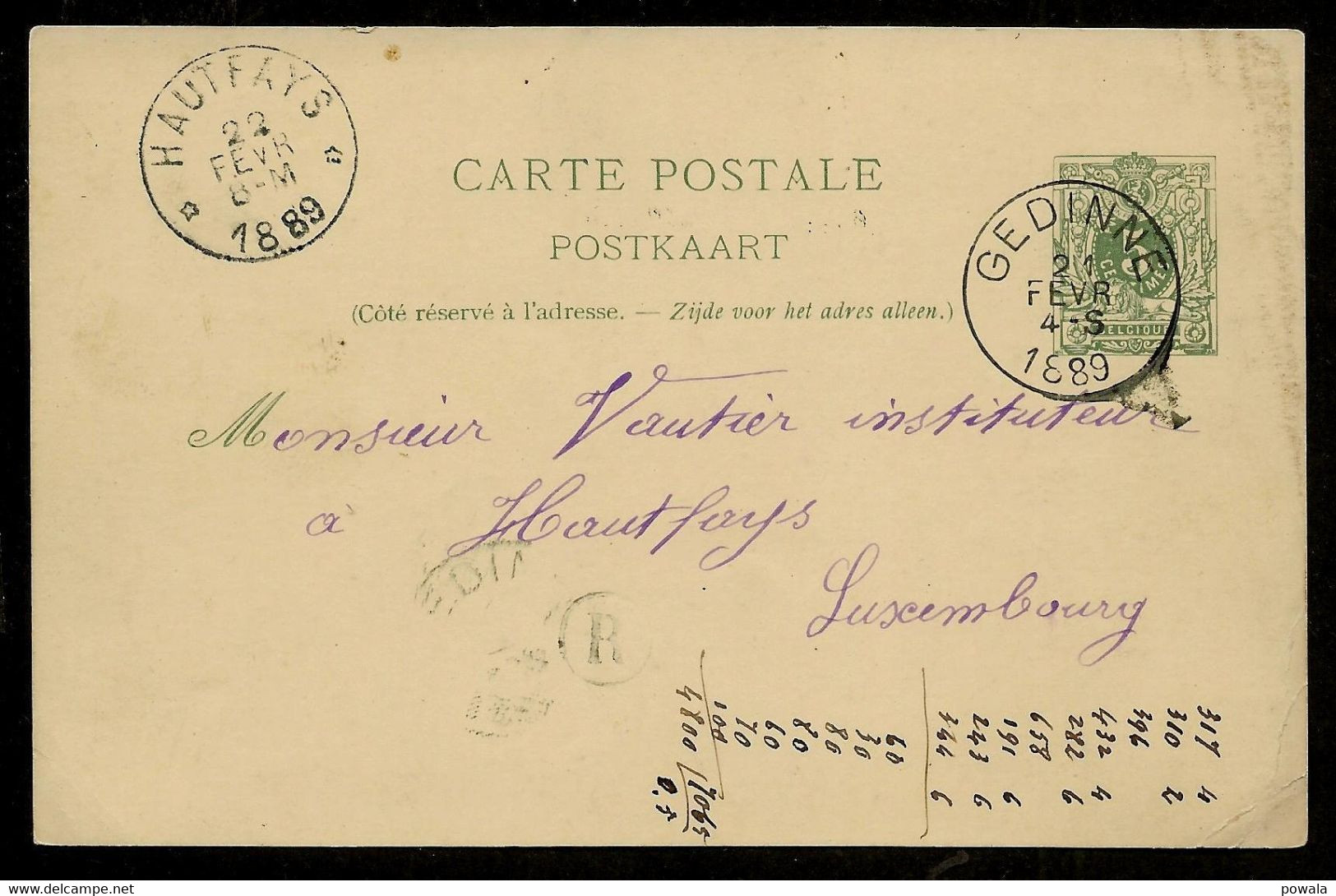 Sterstempel Relais Hautfays 22/2/1889 (COBA 30) Aankomst Op Entier Van Uit Vencimont = Gedinne + Postbusletter R - Bolli A Stelle