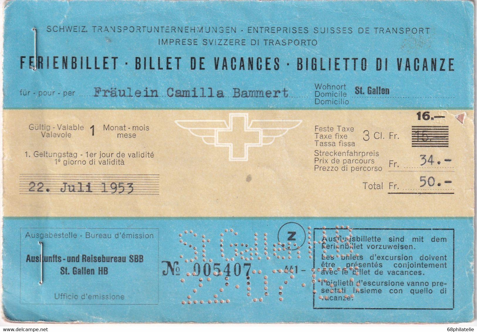 SUISSE 1953 TRAIN BILLETS DE VACANCES  ST.GALLEN 1953 - Europe
