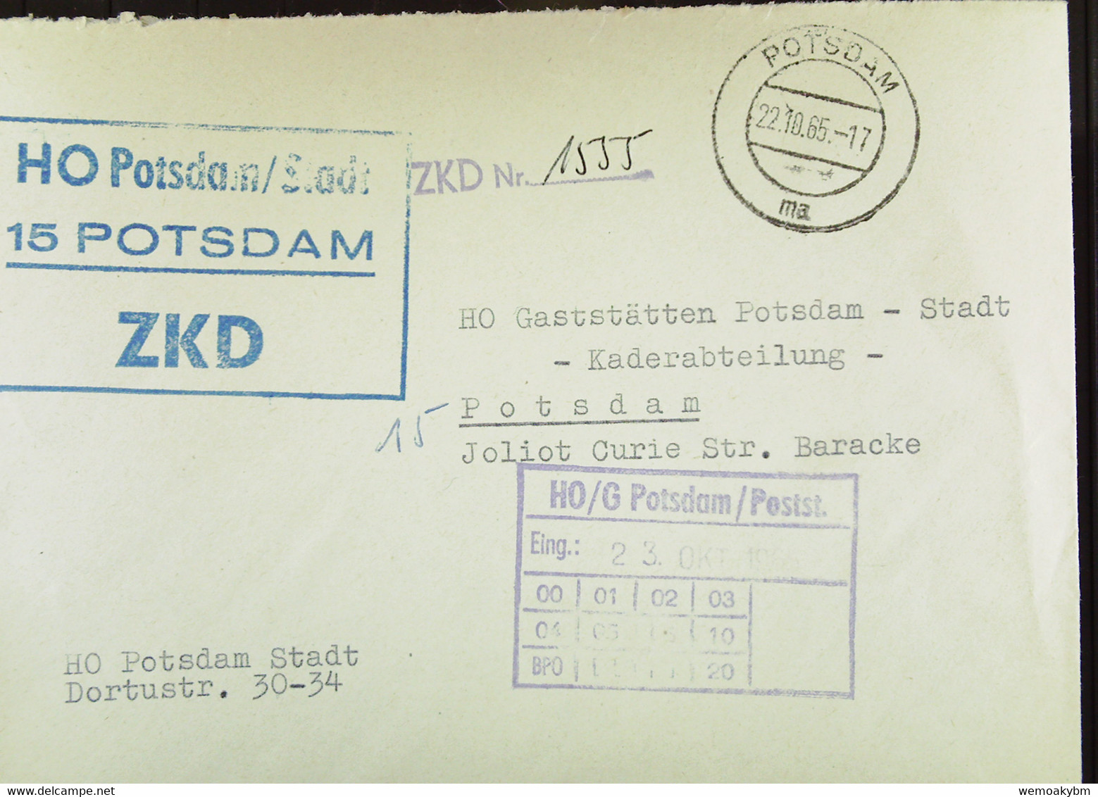 Orts-Brf Mit ZKD-Kastenst."HO Potsdam/Stadt 15 Potsdam" Vom 22.10.65 Mit ZKD Nr. 1555 Mit Eing-St HO Gaststätten Potsdam - Central Mail Service