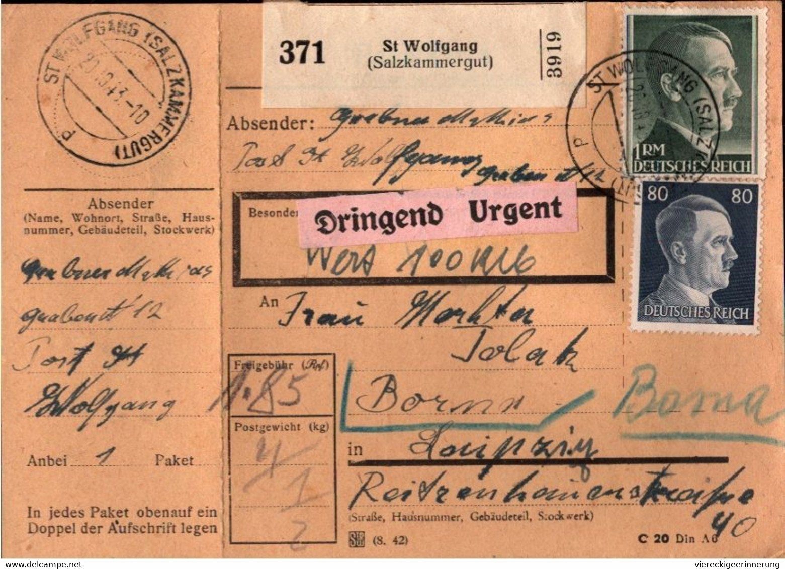 ! 1943 St.Wolfgang, Salzkammergut, Österreich Nach Borna, Bogenrand, Paketkarte, Deutsches Reich, 3. Reich - Briefe U. Dokumente