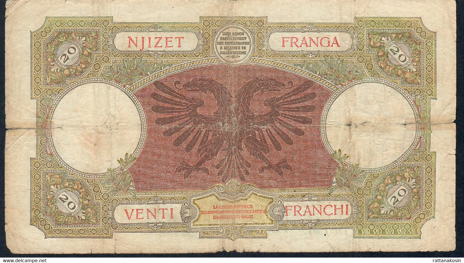 ALBANIA P7 20 FRANGA 1939      VG-F - Albanië