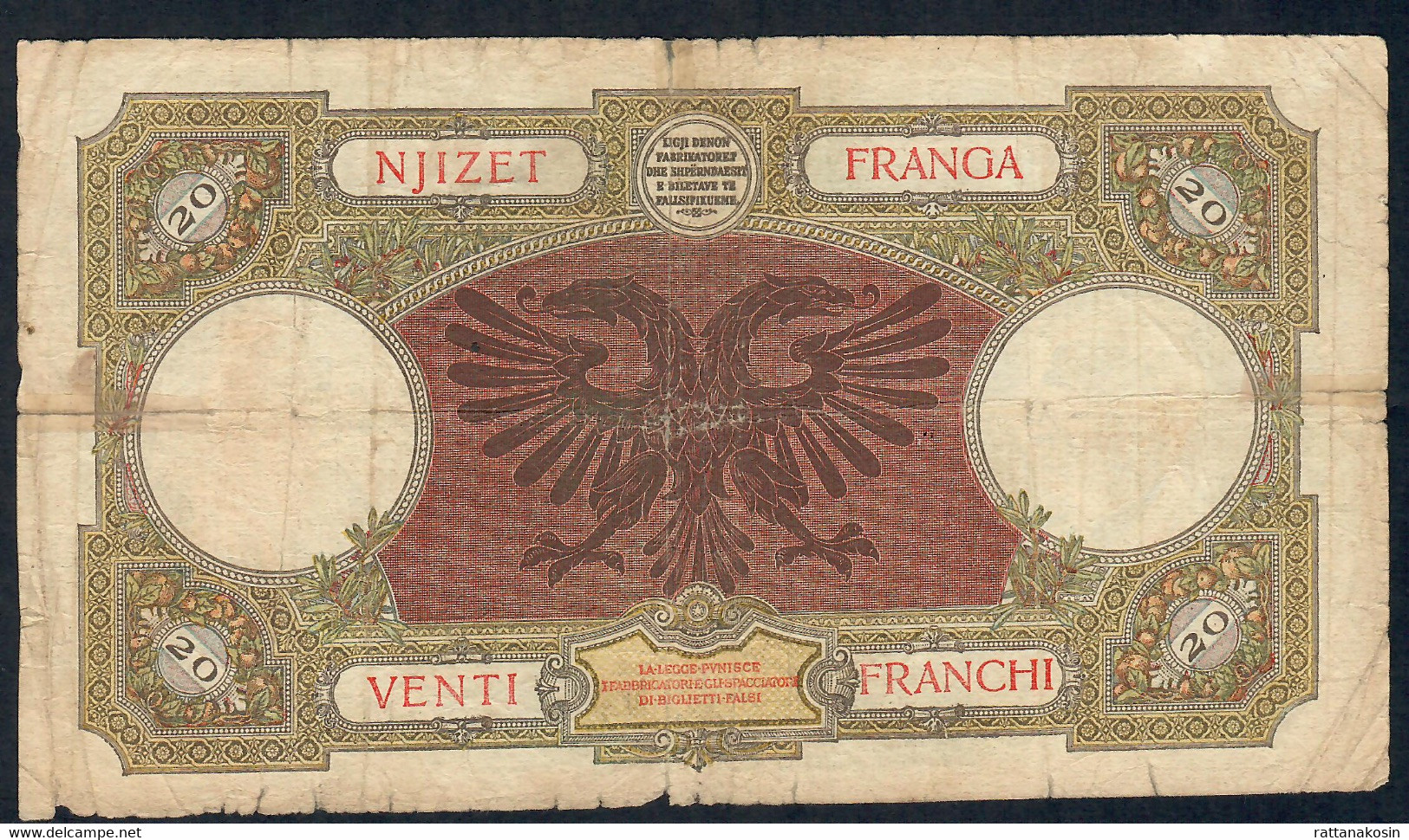 ALBANIA P7 20 FRANGA 1939      VG-F - Albanië